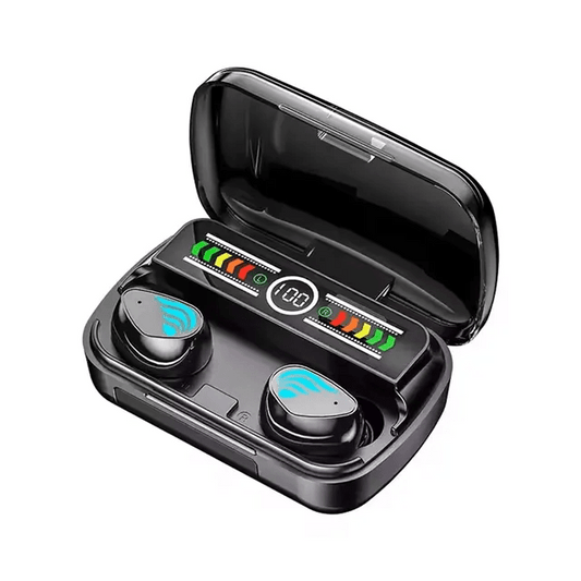 M27 Bluetooth wireless earbuds featuring a dazzling LED display, a charging case, and advanced Bluetooth 5.3 technology for 360° panoramic sound.