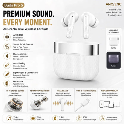 🔥 BUDS PRO 5 – ACTIVE ANC • TYPE-C QUICK CHARGE • PREMIUM STEREO AUDIO 🔥