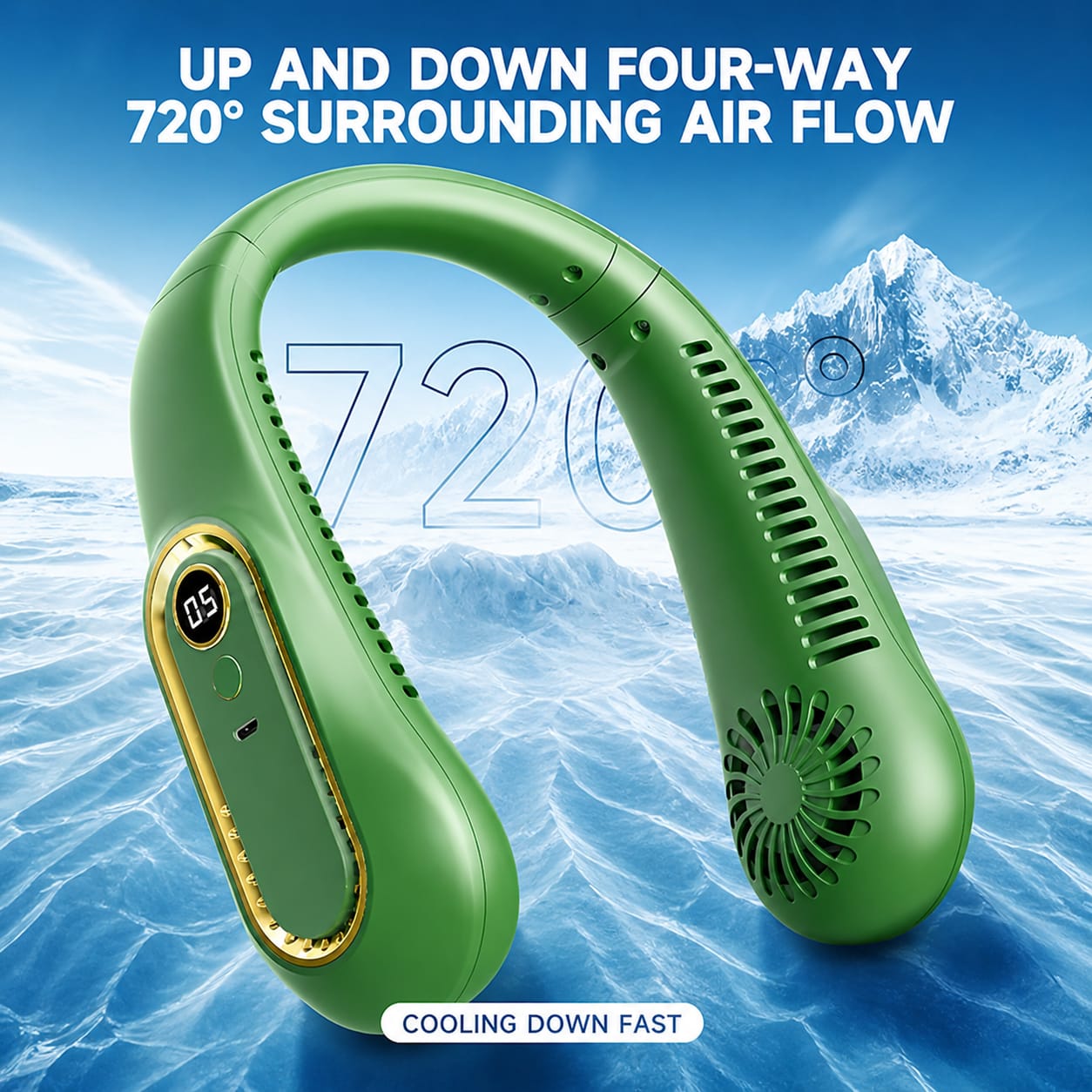❄️ Rechargeable Neck Fan — Strong Turbo Cooling Wind & 5-Speed Hands-Free Comfort