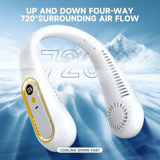 ❄️ Rechargeable Neck Fan — Strong Turbo Cooling Wind & 5-Speed Hands-Free Comfort