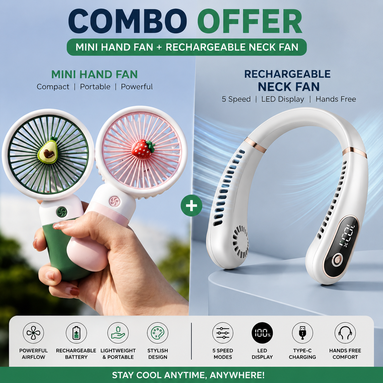 Mini Fan + Neck Fan 5-Speed Combo Pack