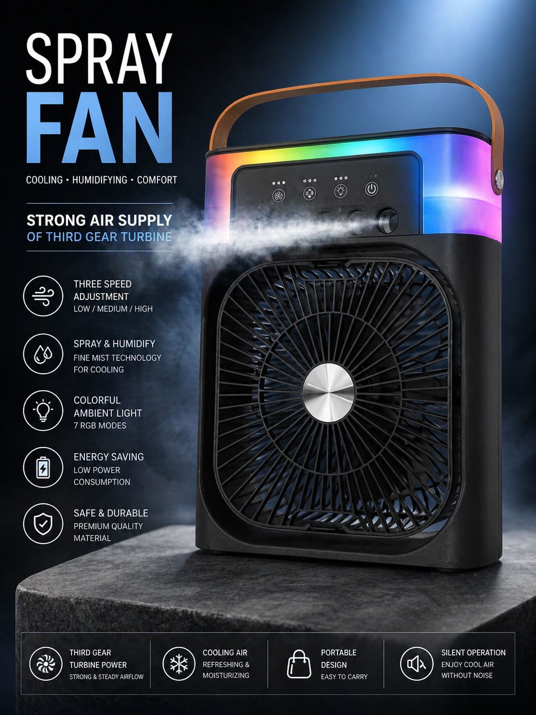 ❄️ 2-in-1 Mist Spray Fan — Portable Cooling with Water Mist & 3 Speed Modes